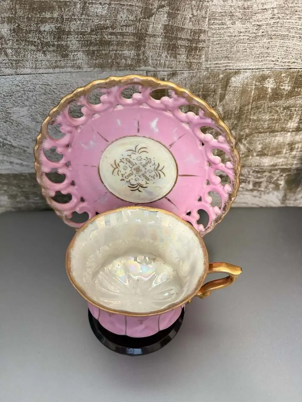 VTG Royal Sealy China Pink Lusterware Footed Tea Cup & Saucer Set